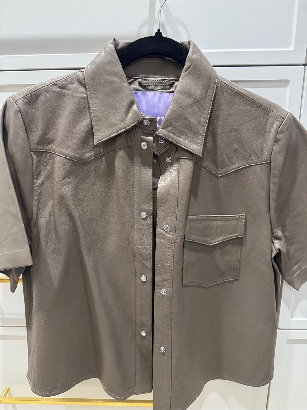 Taupe Short-Sleeve Real Leather Shirt Jacket